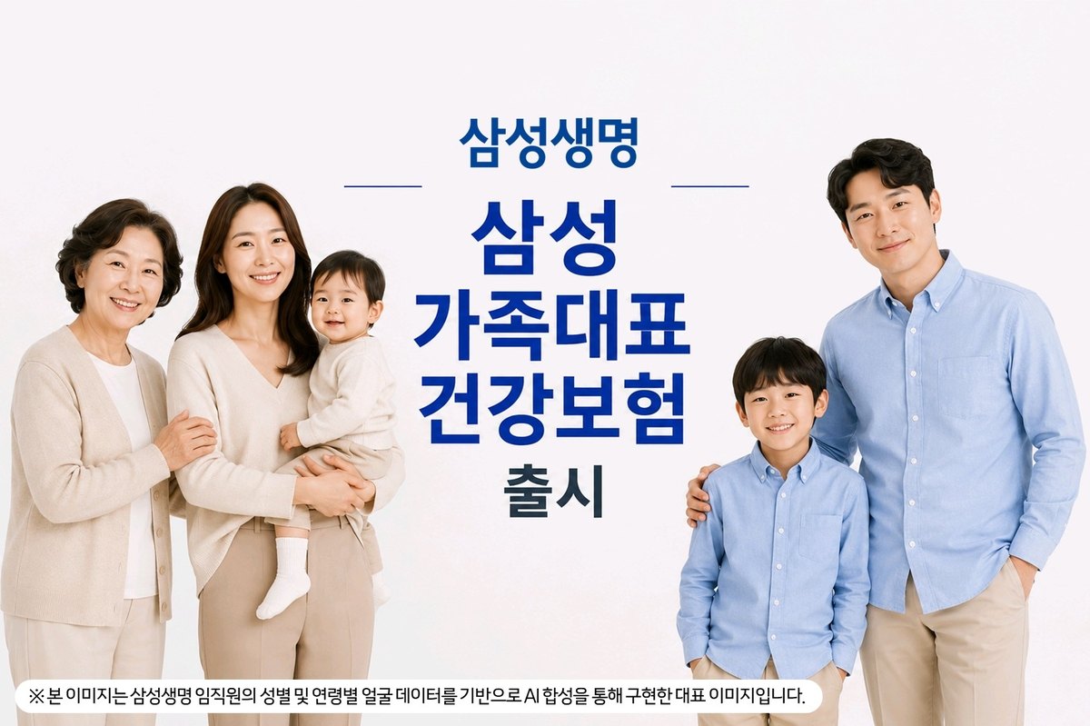 삼성 가족대표 건강보험 출시 안내 이미지. 조부모와 부모, 두 아이가 함께 서 있다