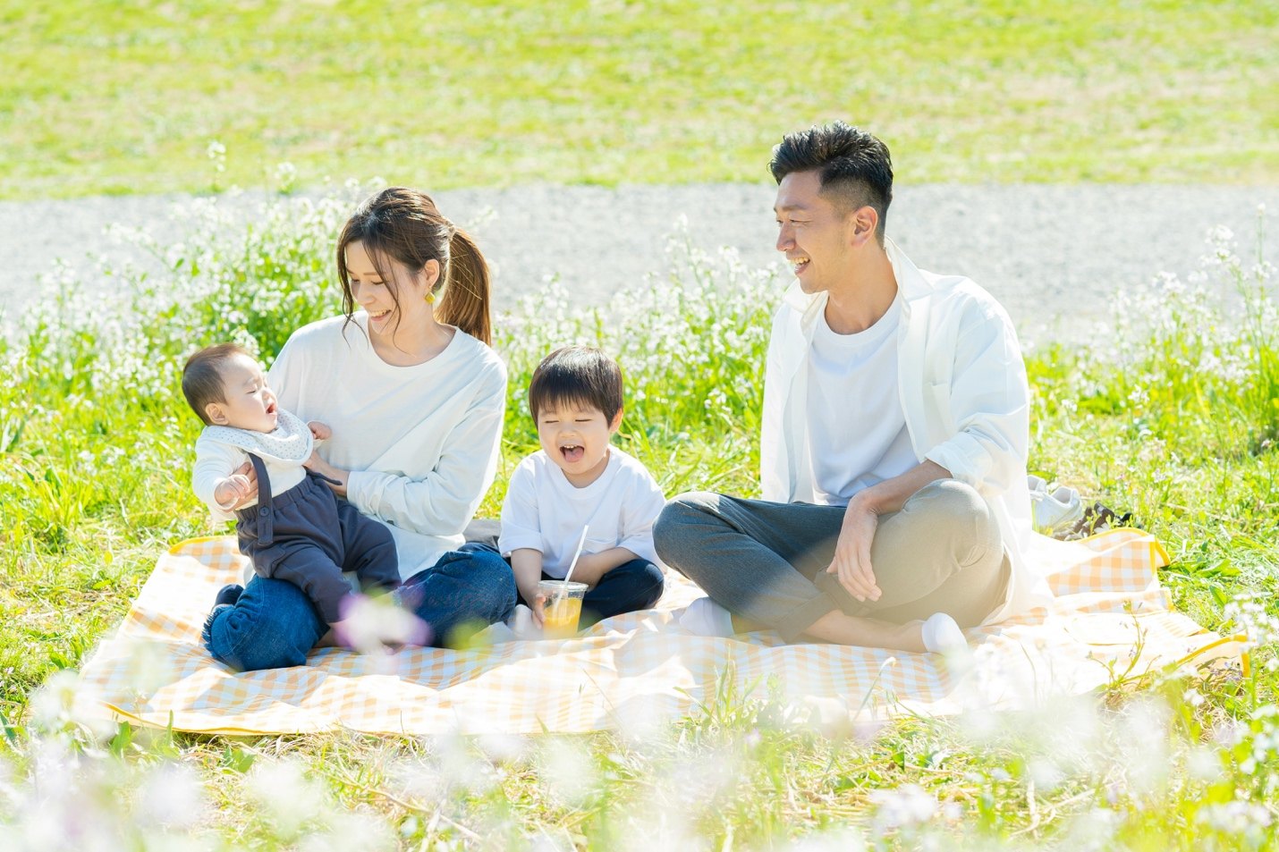 봄 들판 돗자리에 앉아 시간을 보내는 네 식구